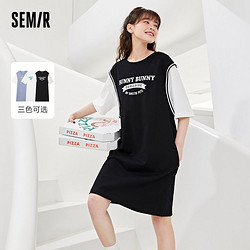 Semir 森马 连衣裙女假两件撞色T恤裙夏新款宽松拼接字母裙子运动风