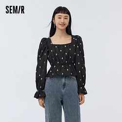 Semir 森马 [商场同款]森马长袖衬衫女短款方领刺绣春季新款黑色上衣优雅