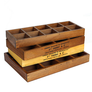 骄鹿复古木质12格桌面收纳盒 分格桌面收纳盒 长方形多肉花盆分格 复古6格