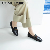 康莉（COMELY）乐福鞋女牛/羊皮平底一脚蹬单鞋圆头小皮鞋 黑色 38