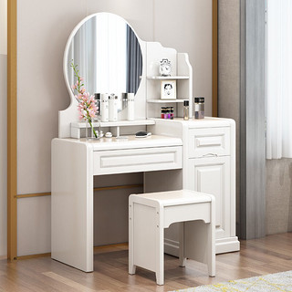 意木香 现代中式实木梳妆台卧室化妆桌简约家用户型多功能1.1米带镜带凳 白色