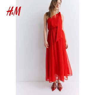H&M女装连衣裙2024夏季优雅单肩透视雪纺蝴蝶结中长裙1235801 亮红色 155/76