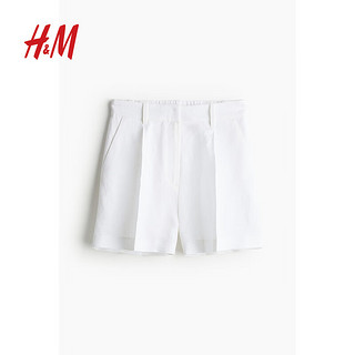 H&M女装休闲裤2024夏季休闲宽松高腰亚麻混纺短裤1224117 白色 155/60 32