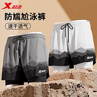 XTEP特步游泳裤男士防尴尬泳裤泳帽泳镜三件套男款泳衣套装泡温泉装备 【双层防尴尬】黑灰水墨 2XL 【体重130斤-160斤】