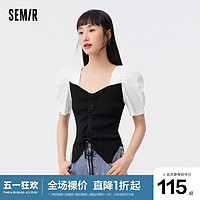 Semir 森马 [商场同款]森马针织衫女泡泡袖夏季新款修身收腰短款显瘦上衣甜美