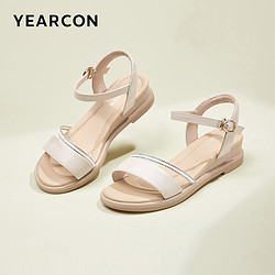 YEARCON 意尔康 女鞋2024夏季真皮坡跟凉鞋外穿舒适妈妈鞋中老年一字式扣带