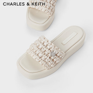 CHARLES&KEITH24夏织外穿沙滩一字拖鞋厚底女CK1-80380076 粉白色Chalk 35