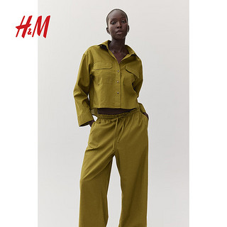 H&M2024春季女士亚麻混纺阔腿裤1213675 橄榄绿 155/64 XS