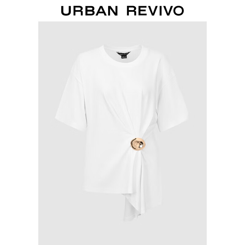 URBAN REVIVO 女士设计感金属饰褶皱棉质短袖T恤 UWG440101 本白 XL