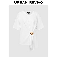 URBAN REVIVO 女士设计感金属饰褶皱棉质短袖T恤 UWG440101 本白 XL