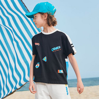 MQD童装男女童短袖T恤圆领上衣夏季儿童运动宽松透气T恤潮 黑色 150cm