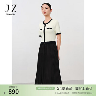 玖姿·安娜蔻法式小香风假两件拼接撞色收腰针织连衣裙2024夏季 黑白 2XL