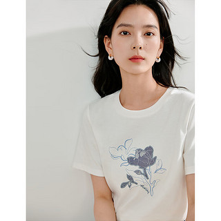 茵曼（INMAN）纯棉花卉T恤2024夏季女装宽松圆领百搭上衣 米白色 XL