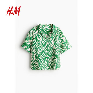 H&M女装衬衫2024夏季翻领休闲舒适印花古巴领短上衣1224829 绿色/树叶图案 155/80