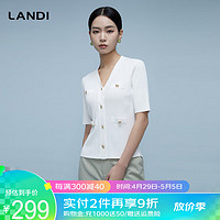 LANDI 蓝地 法式气质V领针织开衫女短袖上衣2024春夏 素雅白 XL