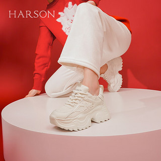 哈森老爹鞋女2024新年款厚底增高休闲运动鞋HWC240118 米色 35