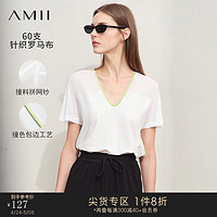 AMII2024夏通勤撞色V领撞料拼接网纱T恤女修身显瘦短袖12442230 米白 160/84A/M