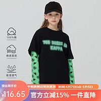 Kappa Kids卡帕儿童春季黑色撞色拼接长袖女童时尚舒适百搭T恤 黑色 150