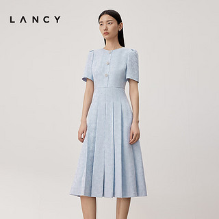 朗姿/LANCY2024夏季立体印花重工收腰连衣裙a字气质中长裙女 水蓝色 S