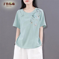 子牧棉麻春夏装 女中国风复古T恤衫宽松中式禅茶服盘扣短袖上衣0807 浅绿色 M(105斤内)