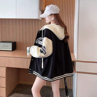 MXQP棒球服外套女秋冬韩版宽松慵懒风加绒卫衣开衫上衣 黑色 M【80-110斤】