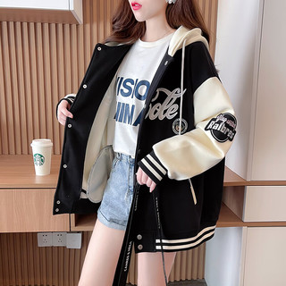 MXQP棒球服外套女秋冬韩版宽松慵懒风加绒卫衣开衫上衣 黑色 M【80-110斤】