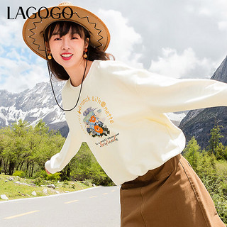 lagogo拉谷谷米色圆领休闲甜美刺绣卫衣女小个子宽松 米色(T2) 160/M/38