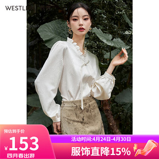 WESTLINK 西遇 新中式国风古典垂感衬衫女春季新款流苏盘扣木耳边衬衣 杏色