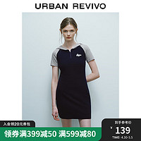 URBAN REVIVO UR2024春季女复古休闲撞色刺绣连帽修身S型连衣裙UWL740019 藏青 XS