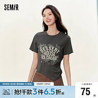 Semir 森马 短袖T恤女短款印花小众小个子2024新款夏季修身不对称套头衫