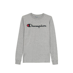 Champion 冠军卫衣男 草写logo纯色圆领套头长袖运动T恤打底衫 灰色