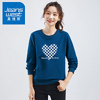 百亿补贴：JEANSWEST 真维斯 圆领卫衣女2023年春秋款白色纯棉套头纯色时尚休闲印花上衣