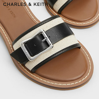 CHARLES&KEITH24夏金属扣饰平底一字拖鞋外穿女CK1-70580230 粉白色Chalk 35