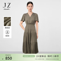 玖姿 ·安娜蔻流光海岛丝优雅复古松紧收腰垂坠连衣裙女2024夏季 军绿 S