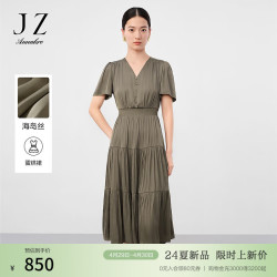 玖姿 ·安娜蔻流光海岛丝优雅复古松紧收腰垂坠连衣裙女2024夏季 军绿 S