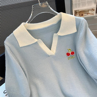 Polo领别致樱桃拼色短袖T恤夏季小众设计感显瘦针织上衣