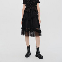 H'S 夏季新款多层次网纱气质腰裙黑色女士半身裙