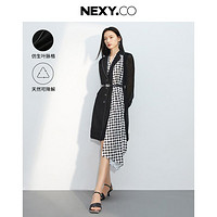 NEXY.CO 奈蔻 夏字母飘带拼接小黑裙连衣裙长袖商务通勤收腰裙