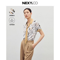 NEXY.CO 奈蔻 春夏飘带衬衫女桑蚕丝复古印花上衣