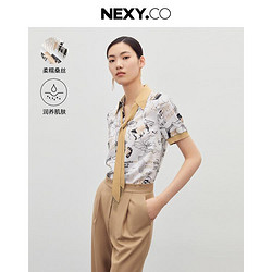 NEXY.CO 奈蔻 春夏飘带衬衫女桑蚕丝复古印花上衣