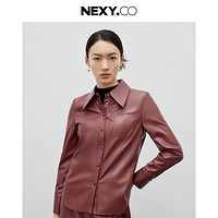 NEXY.CO 奈蔻 春秋时尚设计感小众皮衬衫女长袖衬衣独特上衣