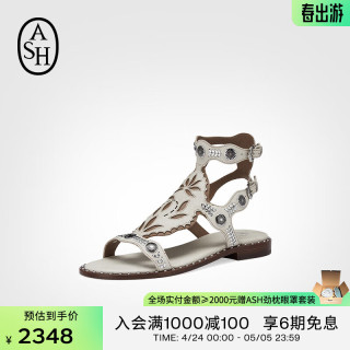 艾熙 ASH艾熙 ASH女鞋2024夏季PARAIBA真皮铆钉波西米亚露趾一字扣粗跟凉鞋 白色/棕色/银色 36