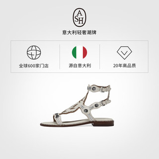 艾熙 ASH艾熙 ASH女鞋2024夏季PARAIBA真皮铆钉波西米亚露趾一字扣粗跟凉鞋 白色/棕色/银色 36