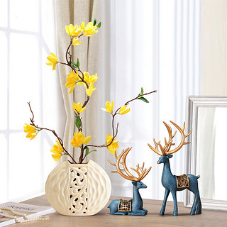 帕美居 中式鹿摆件花瓶家居装饰品客厅书房办公室工艺品酒柜电视柜房间 鹿一对+花瓶+花