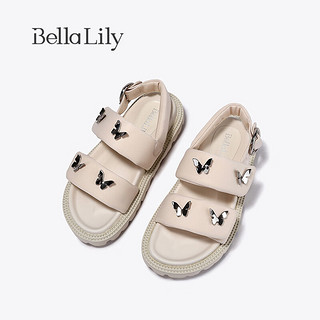 Bella Lily2024春季魔术贴休闲罗马鞋女蝴蝶凉鞋潮流沙滩鞋子 米白 35