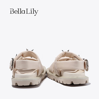 Bella Lily2024春季魔术贴休闲罗马鞋女蝴蝶凉鞋潮流沙滩鞋子 米白 35