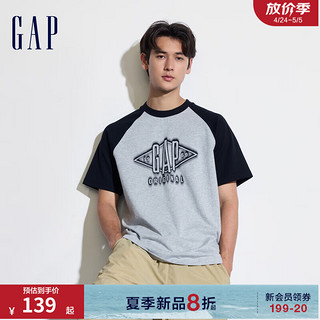 Gap男女装2024夏季撞色插肩袖logo圆领短袖T恤宽松上衣463174 灰色 185/108A(XXXL)亚洲尺码