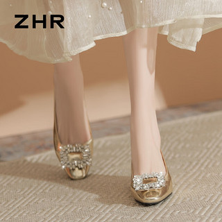                                                                                 ZHR凉鞋女2024夏季水钻包头银色平底玛丽珍女鞋法式低粗跟单鞋女 金色 39