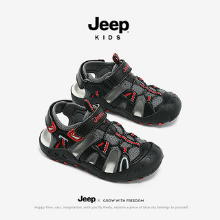 Jeep男童凉鞋夏季软底防滑溯溪女童鞋子2024运动包头儿童沙滩童鞋 黑红 28码 鞋内长约18.2cm