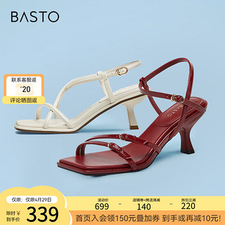 百思图（BASTO）24夏季时尚气质一字带凉鞋细高跟女条带凉鞋M1022BL4 米白色M5031BL4 34